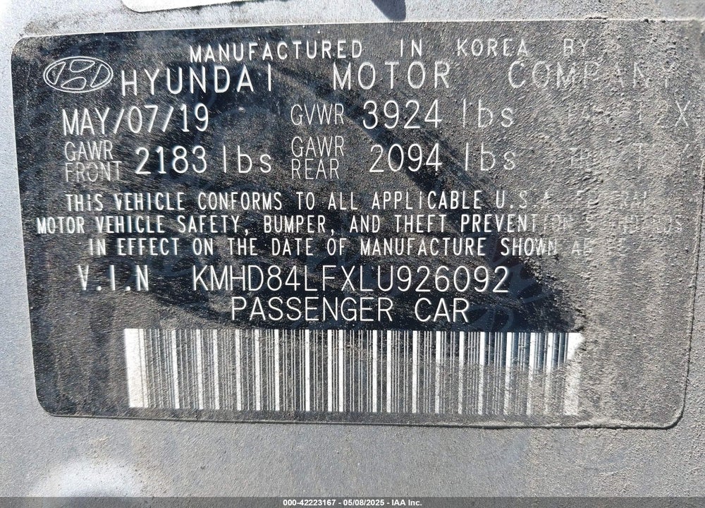 2020 HYUNDAI ELANTRA VIN: KMHD84LFXLU926092