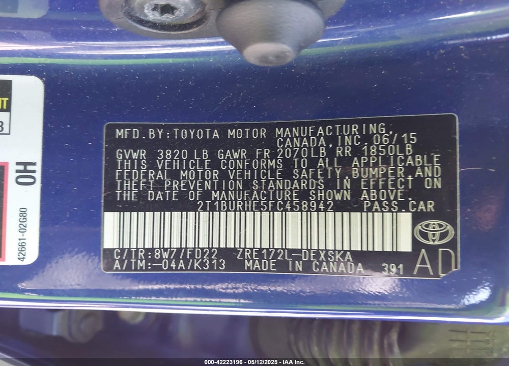 2015 TOYOTA COROLLA S PLUS VIN: 2T1BURHE5FC458942