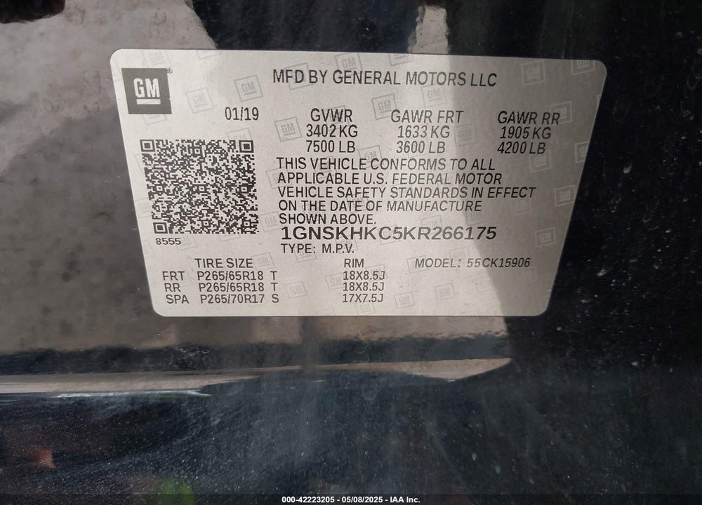 2019 CHEVROLET SUBURBAN LT VIN: 1GNSKHKC5KR266175