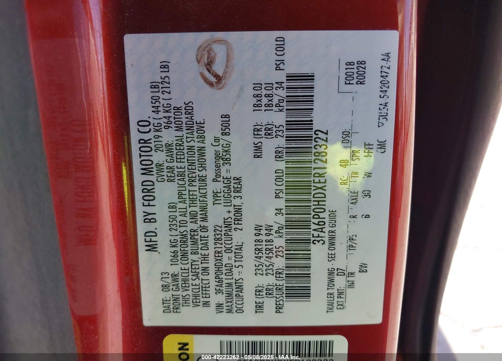 2014 FORD FUSION VIN: 3FA6P0HDXER128322