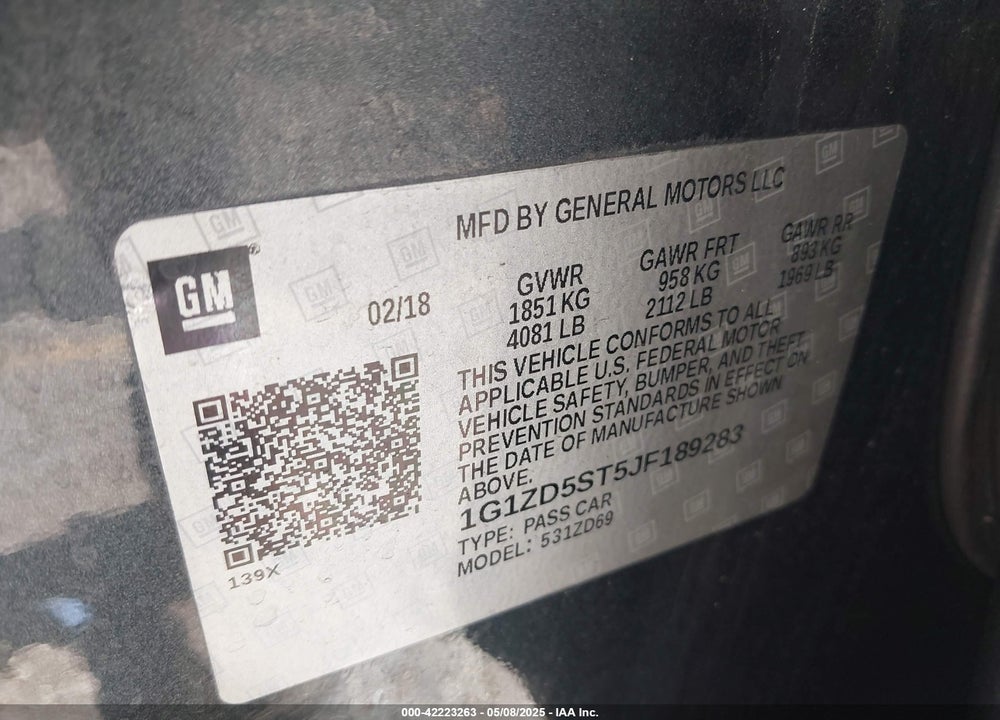 2018 CHEVROLET MALIBU LT VIN: 1G1ZD5ST5JF189283