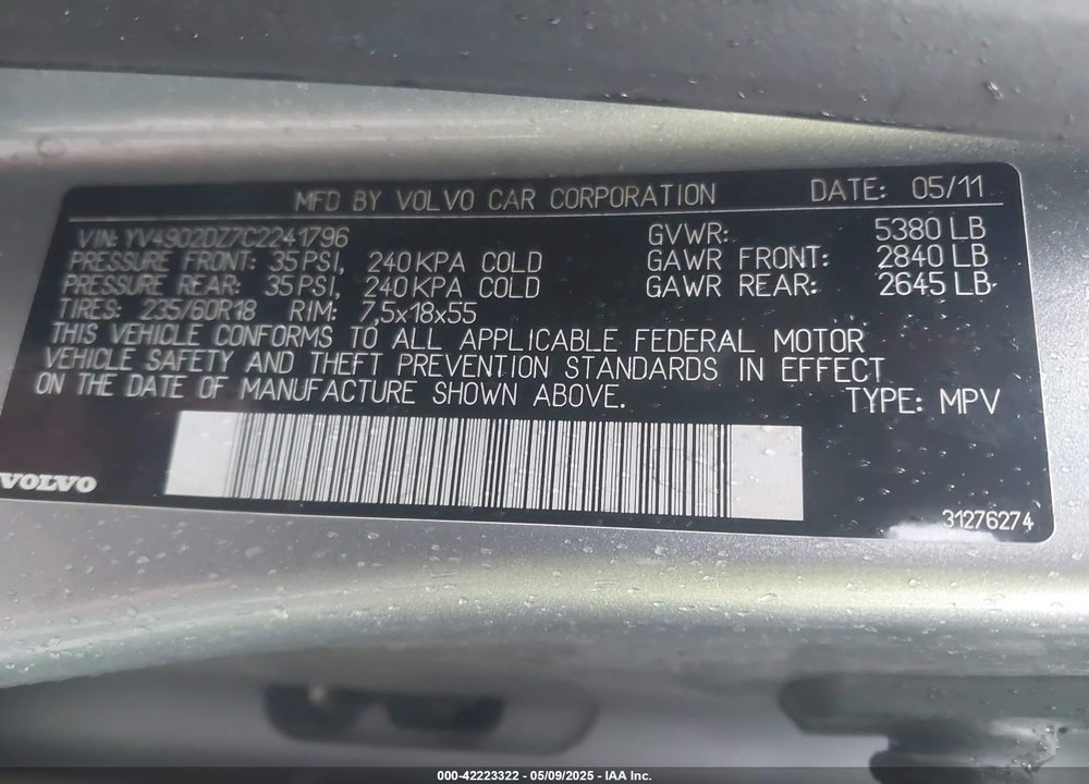 2012 VOLVO XC60 VIN: YV4902DZ7C2241796