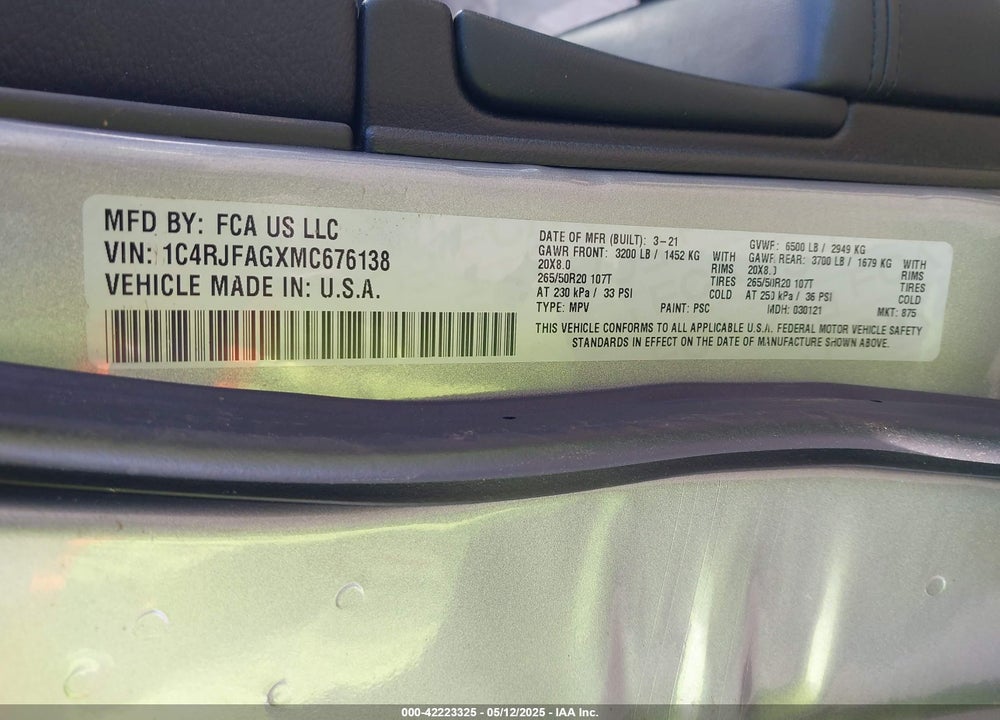 2021 JEEP GRAND CHEROKEE VIN: 1C4RJFAGXMC676138
