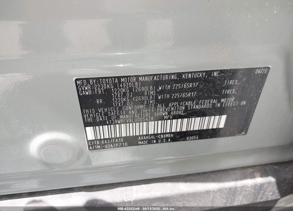 2020 TOYOTA RAV4 HYBRID VIN: 4T3RWRFVXLU005428