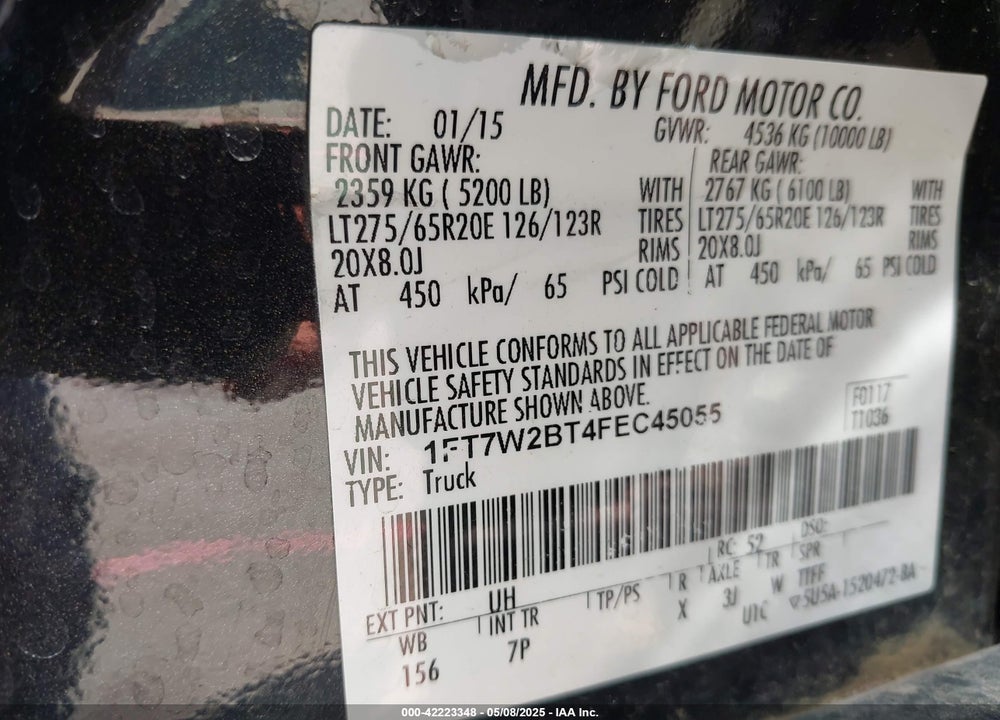 2015 FORD F-250 VIN: 1FT7W2BT4FEC45055