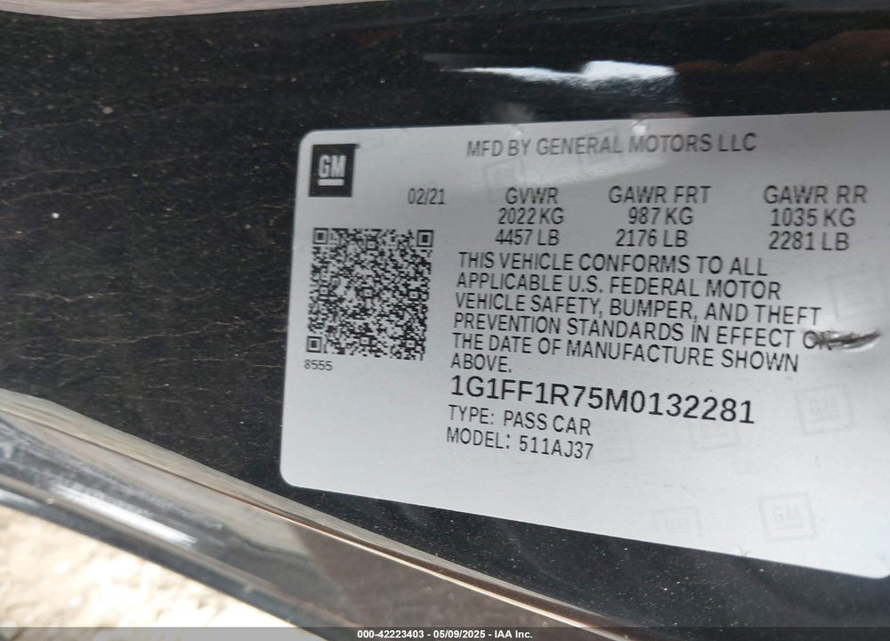 2021 CHEVROLET CAMARO VIN: 1G1FF1R75M0132281