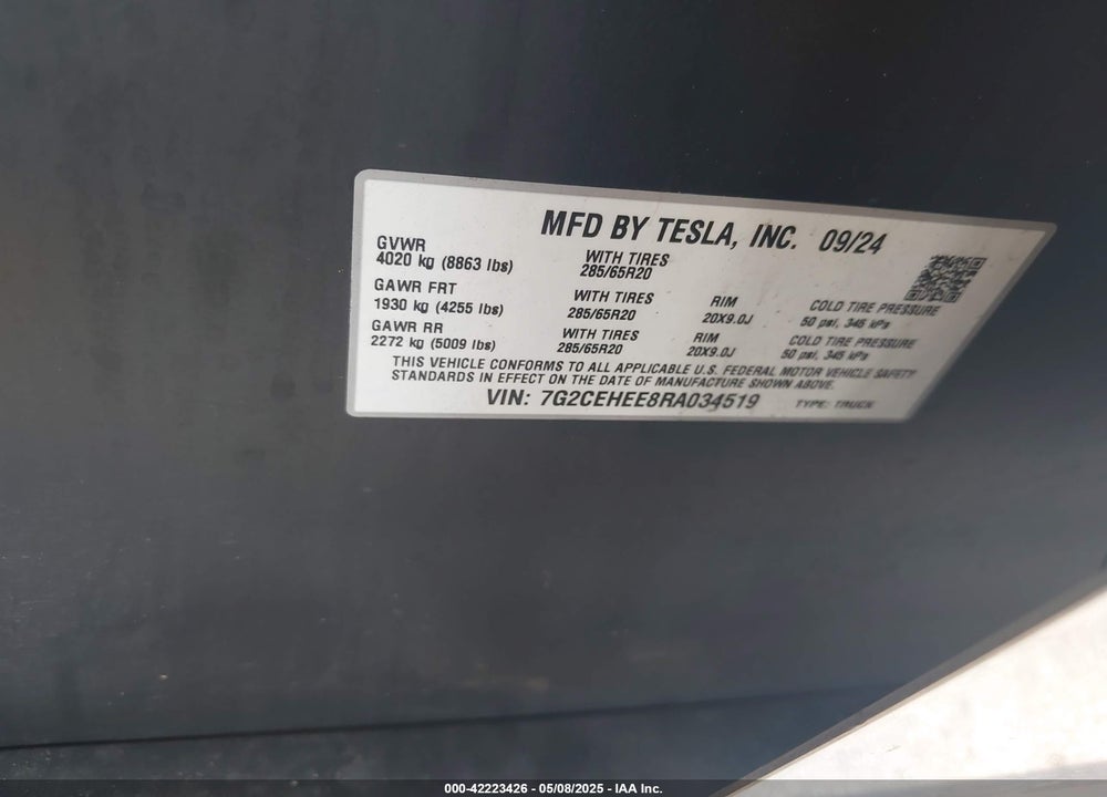 2024 TESLA CYBERTRUCK CYBERBEAST VIN: 7G2CEHEE8RA034519