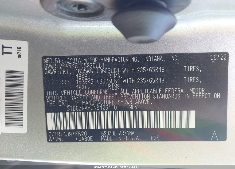2022 TOYOTA HIGHLANDER VIN: 5TDCZRAH0NS126410