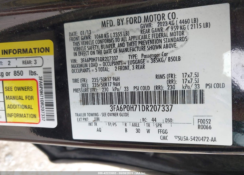 2013 FORD FUSION SE VIN: 3FA6P0H71DR207337
