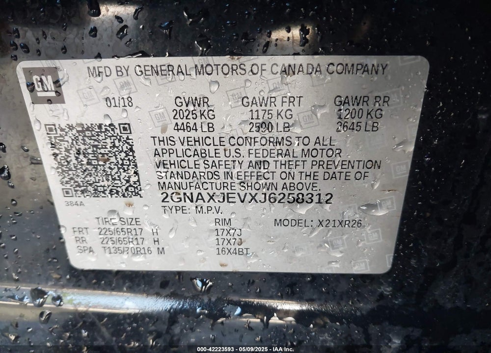 2018 CHEVROLET EQUINOX LT VIN: 2GNAXJEVXJ6258312