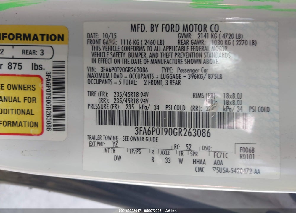 2016 FORD FUSION SE VIN: 3FA6P0T90GR263086