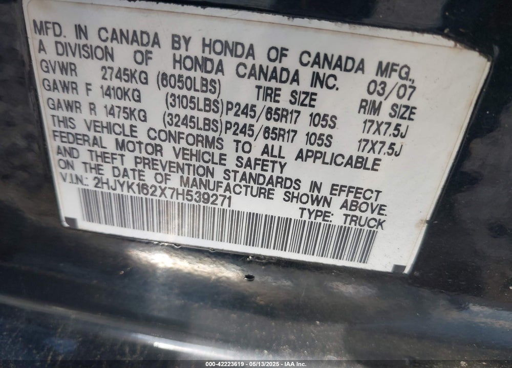 2007 HONDA RIDGELINE VIN: 2HJYK162X7H539271