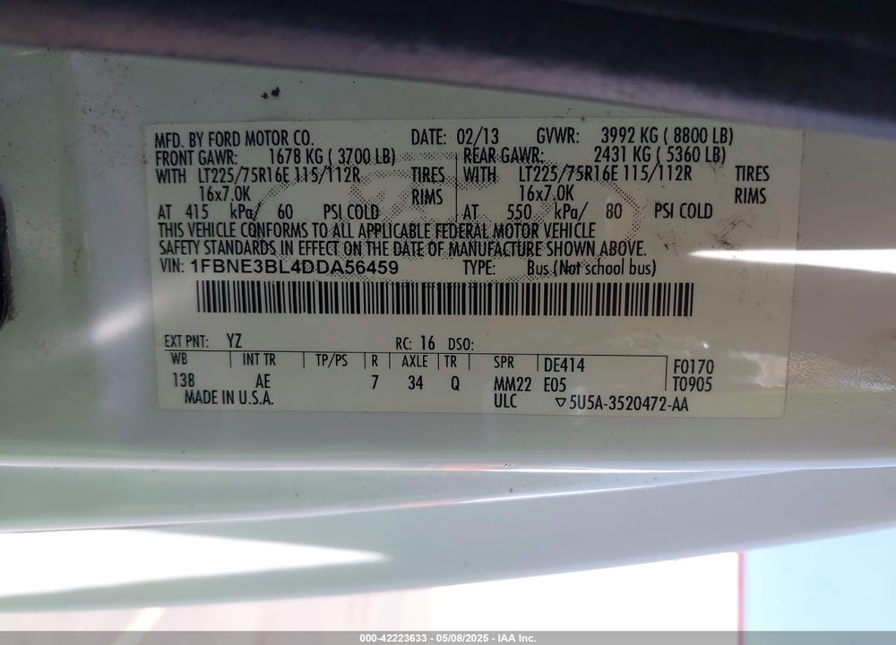 2013 FORD E-350 SUPER DUTY XL VIN: 1FBNE3BL4DDA56459