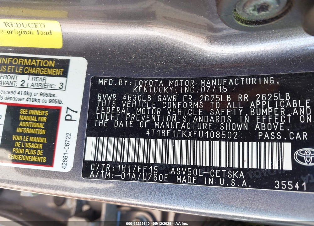 2015 TOYOTA CAMRY SE VIN: 4T1BF1FKXFU108502