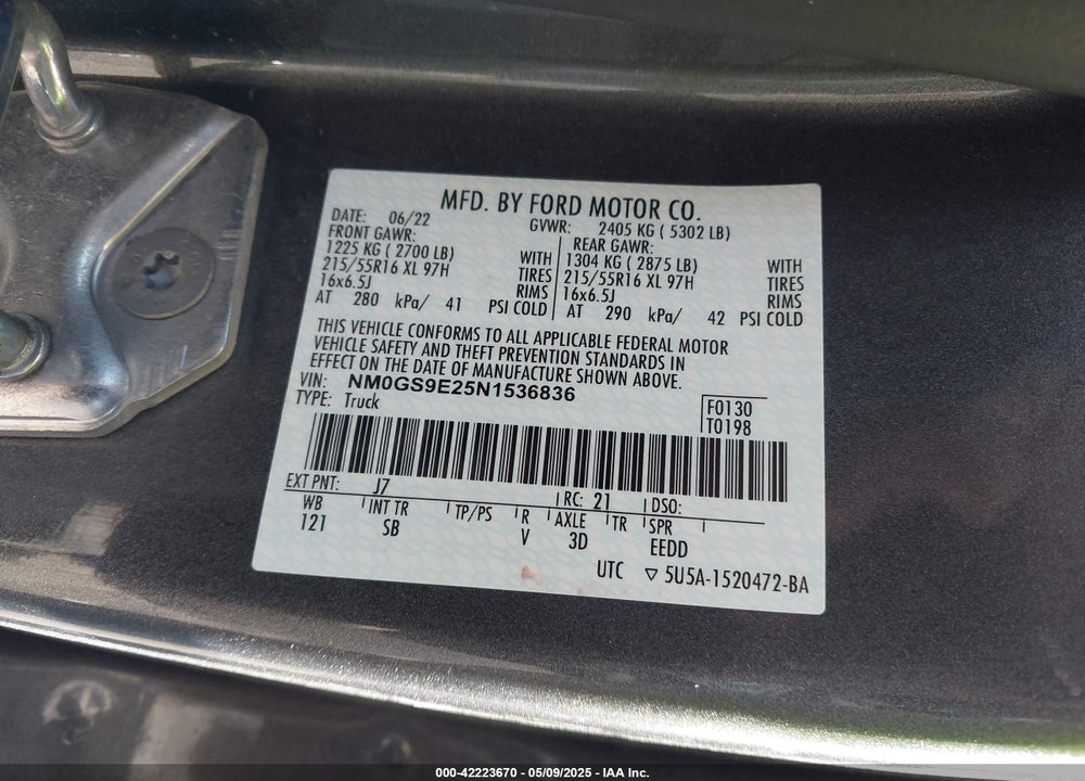 2022 FORD TRANSIT CONNECT VIN: NM0GS9E25N1536836