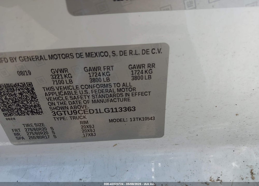 2020 GMC SIERRA VIN: 3GTU9CED1LG113363
