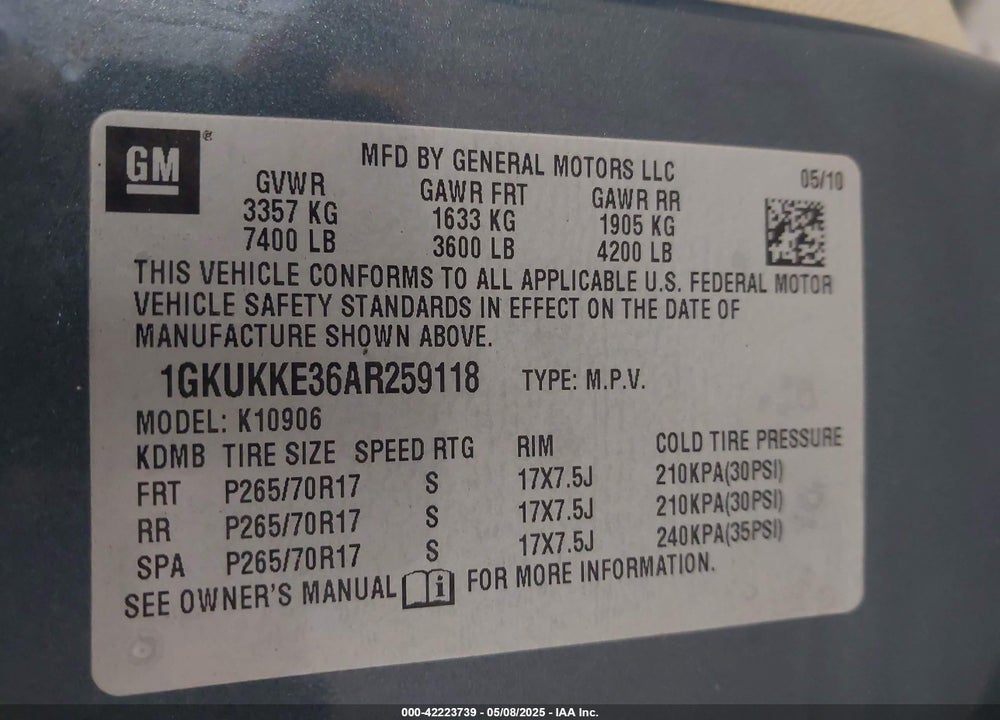 2010 GMC YUKON XL 1500 SLT VIN: 1GKUKKE36AR259118