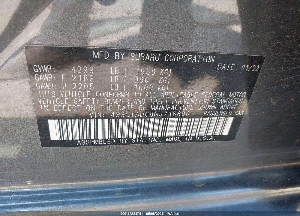 2022 SUBARU IMPREZA PREMIUM 5-DOOR VIN: 4S3GTAD68N3716600