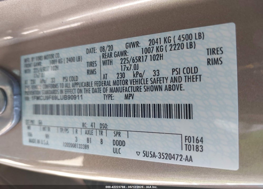2020 FORD ESCAPE VIN: 1FMCU9F69LUB90911