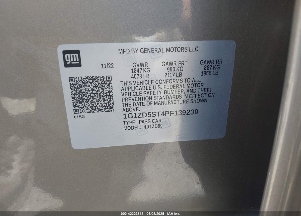 2023 CHEVROLET MALIBU VIN: 1G1ZD5ST4PF139239