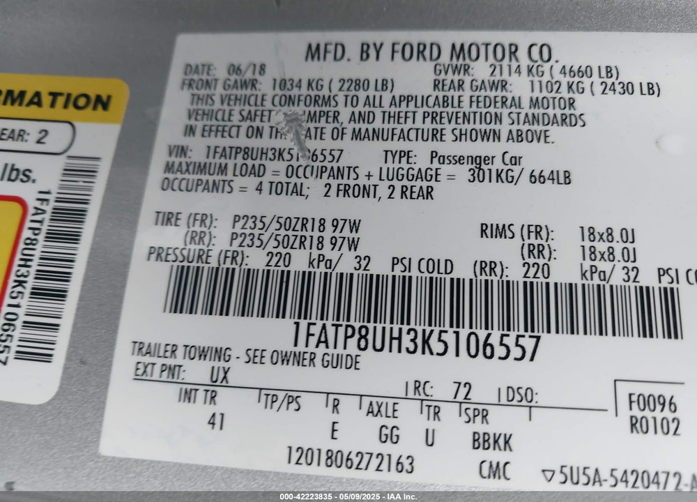 2019 FORD MUSTANG VIN: 1FATP8UH3K5106557