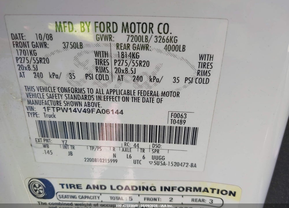 2009 FORD F-150 VIN: 1FTPW14V49FA06144