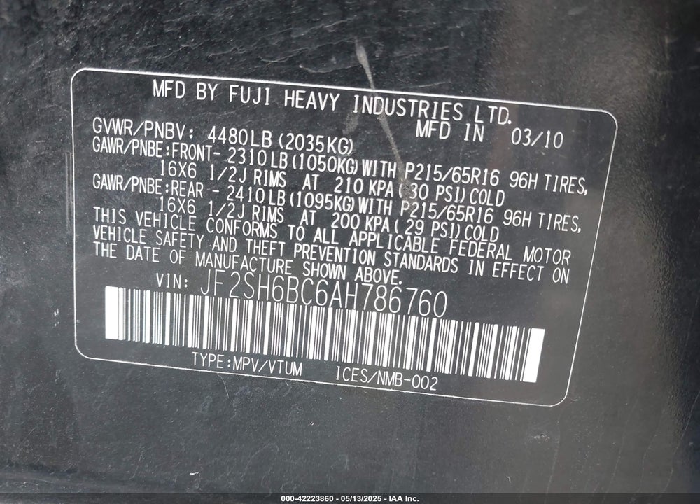 2010 SUBARU FORESTER 2.5X VIN: JF2SH6BC6AH786760