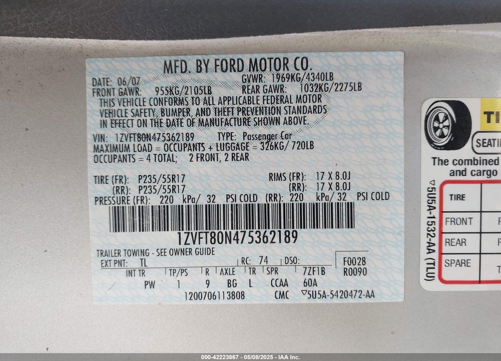 2007 FORD MUSTANG VIN: 1ZVFT80N475362189