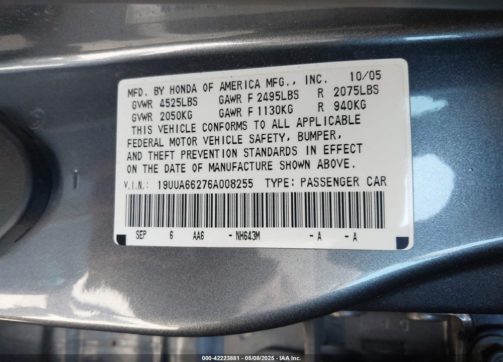 2006 ACURA TL VIN: 19UUA66276A008255