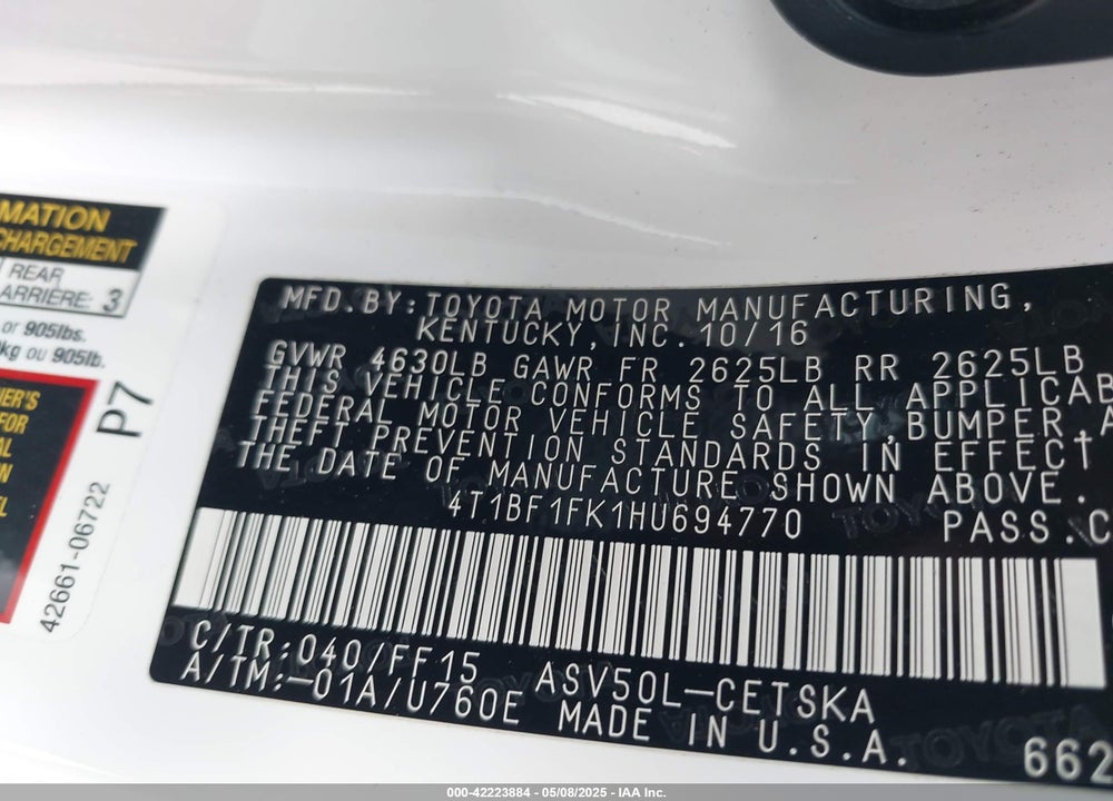 2017 TOYOTA CAMRY SE VIN: 4T1BF1FK1HU694770