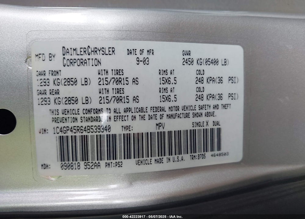 2004 CHRYSLER TOWN & COUNTRY VIN: 1C4GP45R64B539340