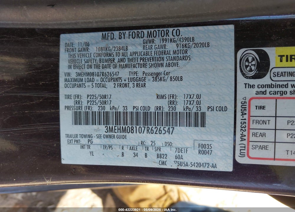 2007 MERCURY MILAN V6 PREMIER VIN: 3MEHM08107R626547