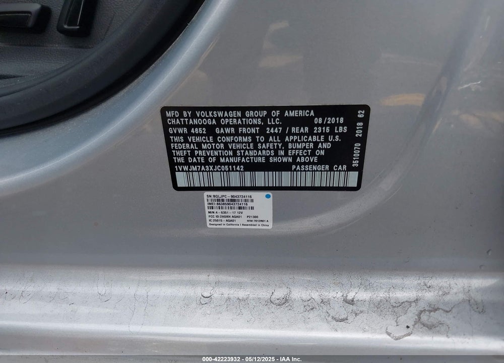 2018 VOLKSWAGEN PASSAT VIN: 1VWJM7A3XJC051142