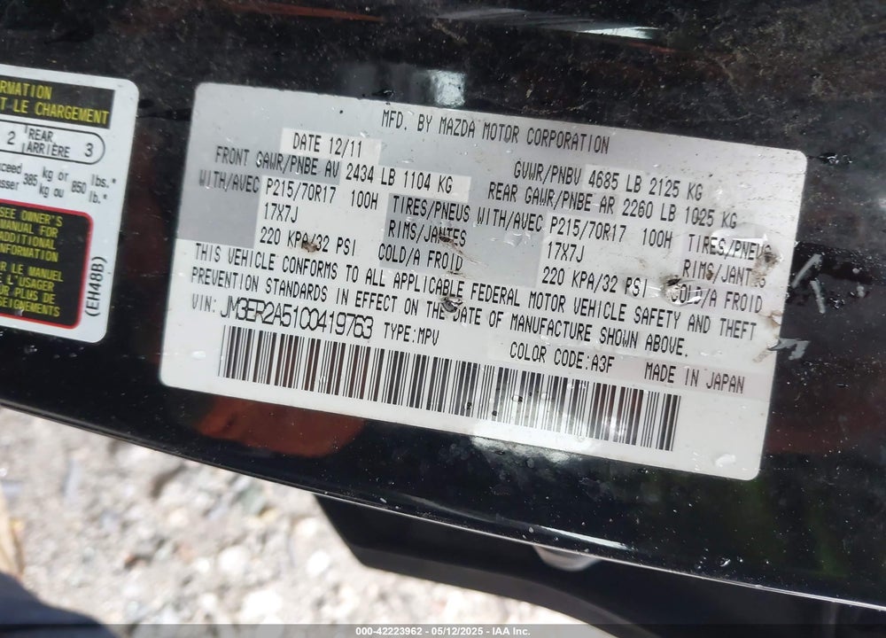2012 MAZDA CX-7 I SV VIN: JM3ER2A51C0419763