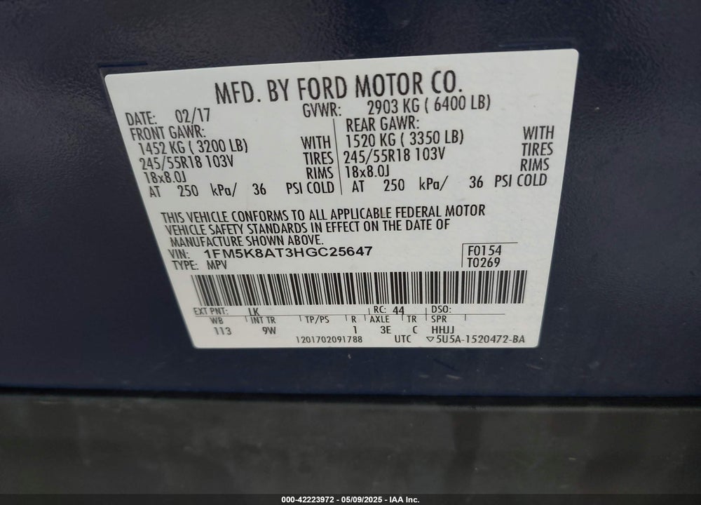 2017 FORD POLICE INTERCEPTOR VIN: 1FM5K8AT3HGC25647