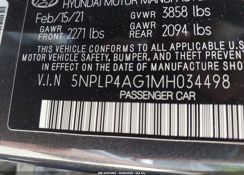 2021 HYUNDAI ELANTRA LIMITED VIN: 5NPLP4AG1MH034498