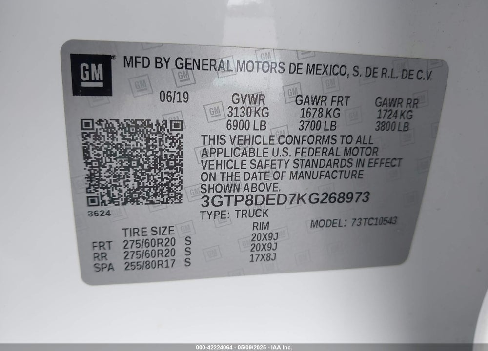 2019 GMC SIERRA 1500 VIN: 3GTP8DED7KG268973