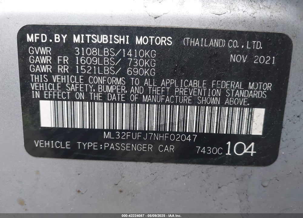 2022 MITSUBISHI MIRAGE VIN: ML32FUFJ7NHF02047