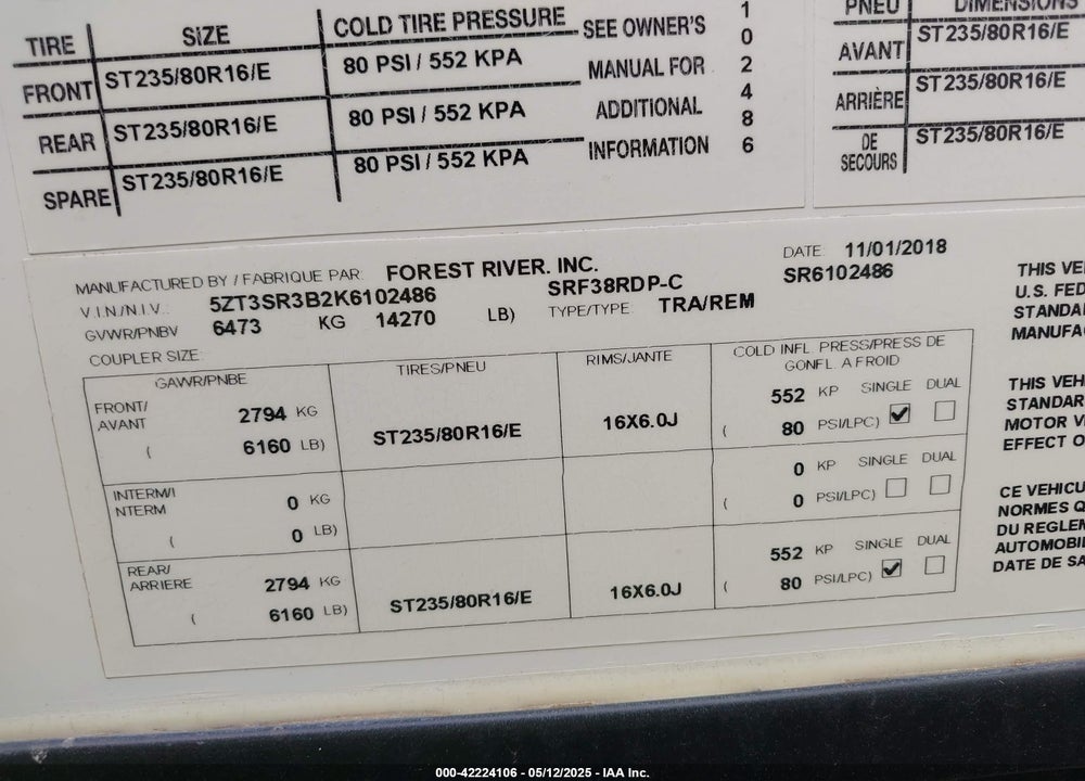 2019 FOREST RIVER SABRE VIN: 5ZT3SR3B2K6102486