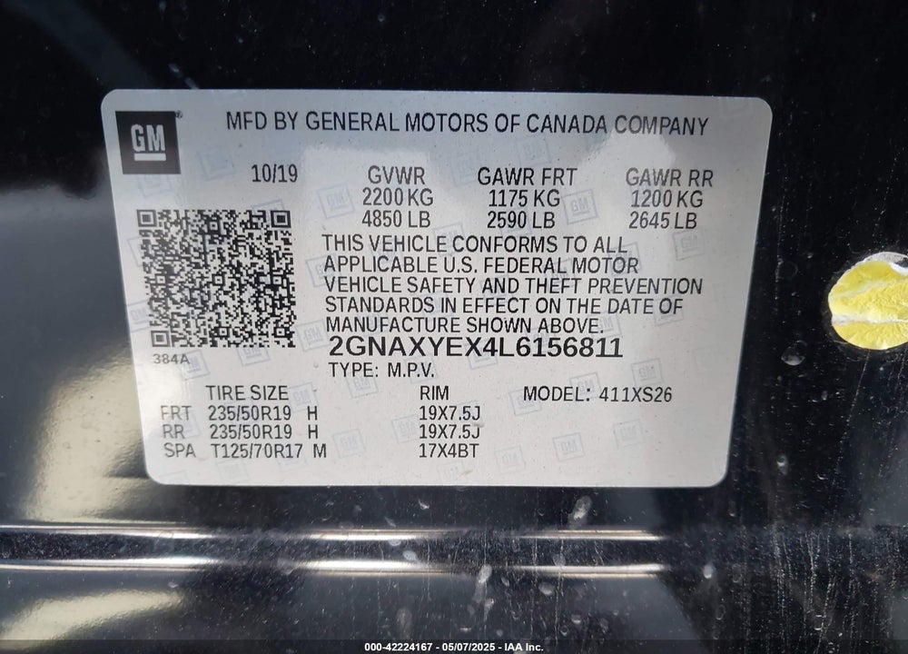 2020 CHEVROLET EQUINOX AWD PREMIER 2.0L TURBO VIN: 2GNAXYEX4L6156811