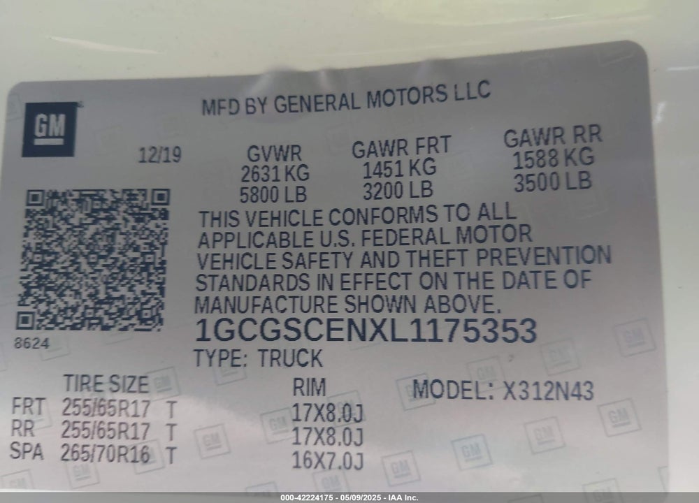 2020 CHEVROLET COLORADO 2WD SHORT BOX LT VIN: 1GCGSCENXL1175353