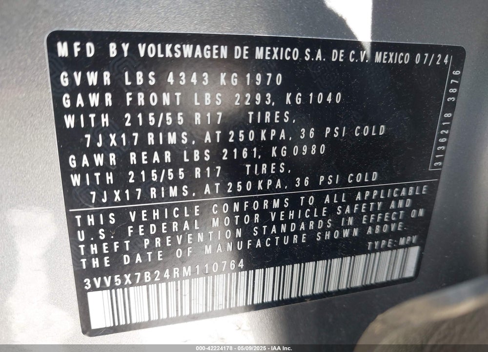 2024 VOLKSWAGEN TAOS VIN: 3VV5X7B24RM110764