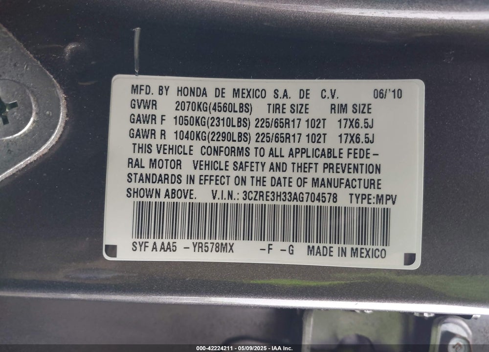2010 HONDA CR-V VIN: 3CZRE3H33AG704578