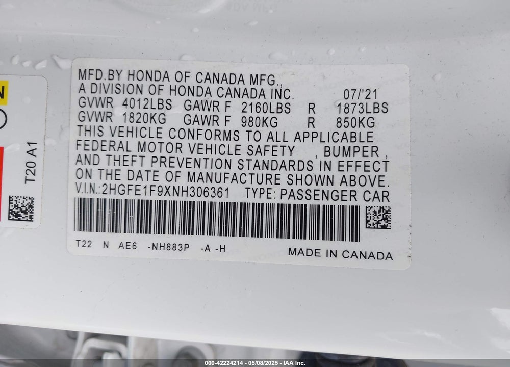 2022 HONDA CIVIC VIN: 2HGFE1F9XNH306361