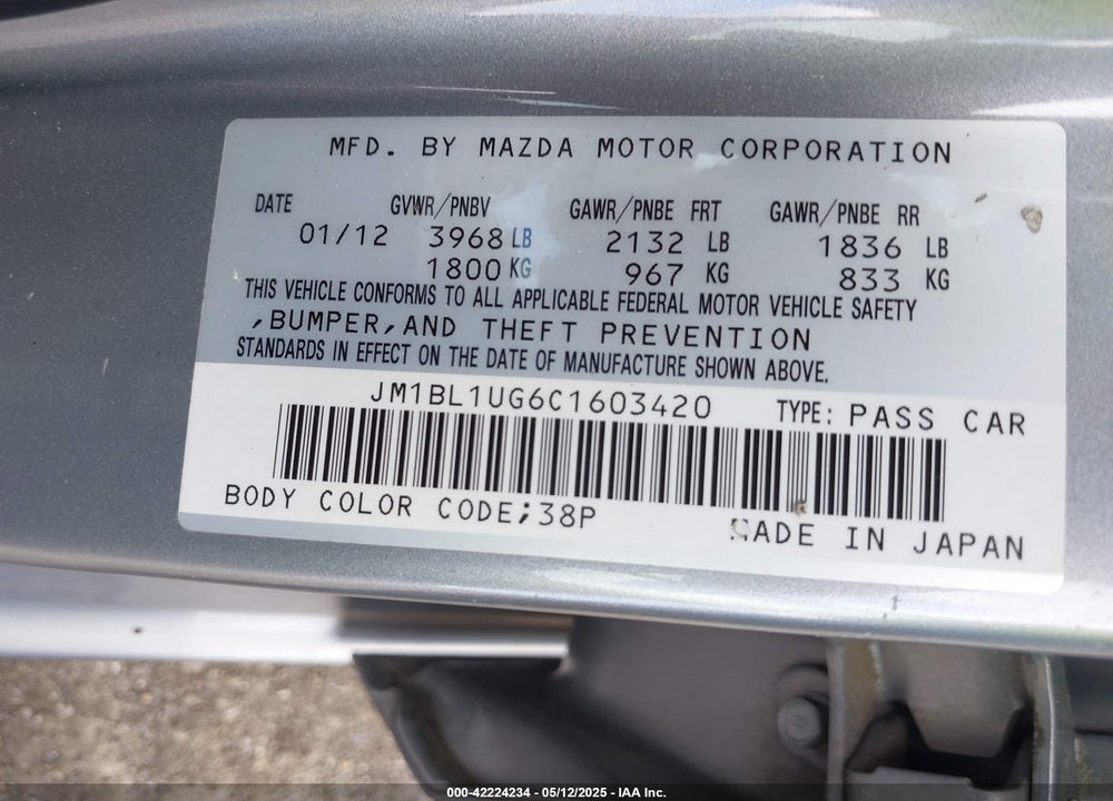 2012 MAZDA 3 I SPORT VIN: JM1BL1UG6C1603420