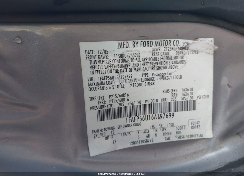 2006 FORD TAURUS VIN: 1FAFP56U16A197699
