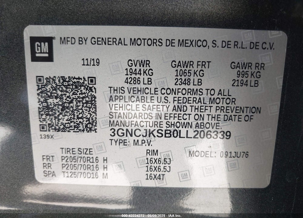 2020 CHEVROLET TRAX VIN: 3GNCJKSB0LL206339