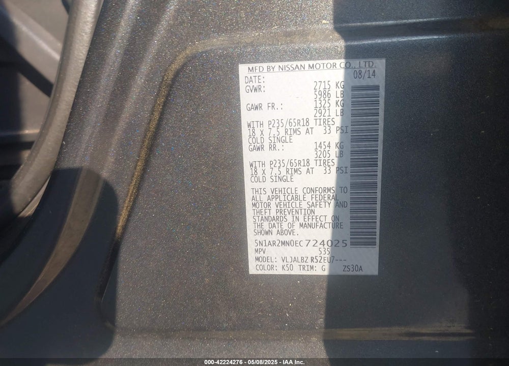 2014 NISSAN PATHFINDER VIN: 5N1AR2MN0EC724025