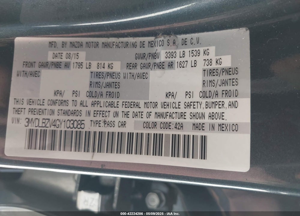 2016 TOYOTA SCION IA VIN: 3MYDLBZV4GY103085