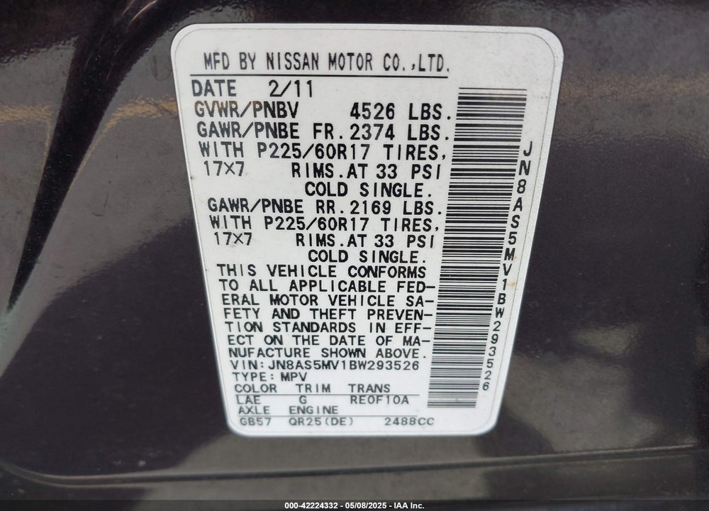 2011 NISSAN ROGUE SV VIN: JN8AS5MV1BW293526